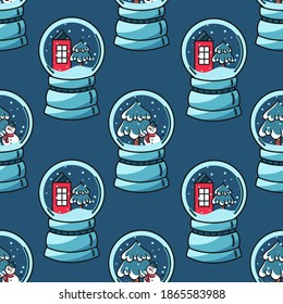 Vektor Weihnachten und Neujahr nahtlose Muster mit süßen handgezeichneten Wintersymbolen Schneekugeln mit Haus, Tannenbaum, Schneemann. Festlicher Hintergrund für Karte, Geschenk, Druck, Poster, Stoff, Umhüllungspapier.