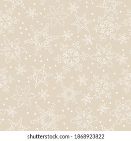 Vector of Christmas and New year seamless patterh with different smowflakes .White on beige background