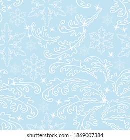 Vector of Christmas and New Year seamless pattern with curl,snowflakes and sparkles.Frosted glass.White on light blue background