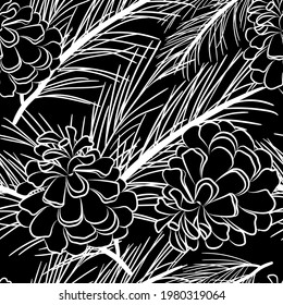 Vector of Christmas and New Year seamless pattern with pine branches and cones.Black and white