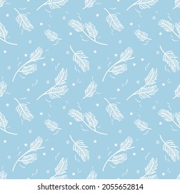Vector Christmas and New Year seamless pattern with cute hand drawn spruce branches. Whimsical outline texture. Winter floral background for wrapping paper, card, gift, fabric, textile, wallpaper.
