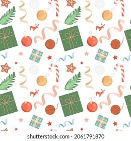 Vector Christmas and New Year seamless pattern on a white background. Gift box, Christmas cookies, scissors, ball, spruce branch, Christmas ball, candy, snowflake, stars, tinsel.