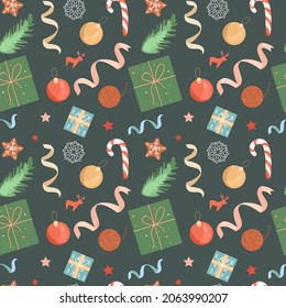 Vector Christmas and New Year seamless pattern on dark blue background. Gift box, Christmas cookies, scissors, ball, spruce branch, Christmas ball, candy, snowflake, stars, tinsel.