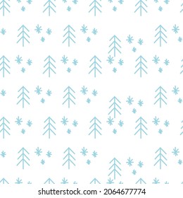 Vector. Christmas and New Year seamless pattern. Design templates for typographic products. Minimalism backgrounds for branding, banner, cover, postcard. Simple hand drawn fir tree and snowflakes.