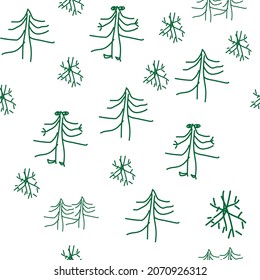 Vector. Navidad y Año Nuevo sin fisuras. Árboles de abetos verdes y copos de nieve sobre un fondo blanco de estilo doodle. Dibujo infantil. Imprimir en tela, fondo interminable para envolver papel.