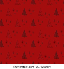 Vector. Navidad y Año Nuevo sin fisuras. Plantillas de diseño para productos tipográficos. Fondos de minimalismo para marca, banner, portada, postal. Árbol de abetos dibujado a mano y copos de nieve. Rojo