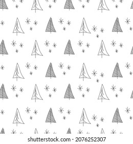 Vector. Navidad y Año Nuevo sin fisuras. Plantillas de diseño para productos tipográficos. Fondo minimalista para marca, banner, portada, postal. Árbol de abetos dibujado a mano y copos de nieve. Gris