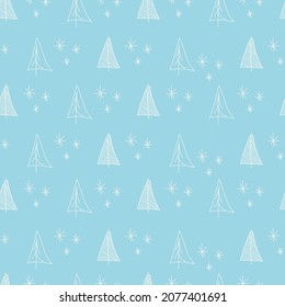Vector. Navidad y Año Nuevo sin fisuras. Plantillas de diseño para productos tipográficos. Fondo minimalista para marca, banner, portada, postal. Árbol de abetos dibujado a mano y copos de nieve. Azul