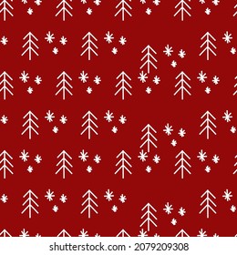 Vektorgrafik. Weihnachten und Neujahr nahtlose Muster. Design-Vorlagen für typografische Produkte. Minimalistische Hintergründe für Branding, Banner, Cover, Postkarte. Einfach handgezeichneter Tannenbaum und Schneeflocken. Rot