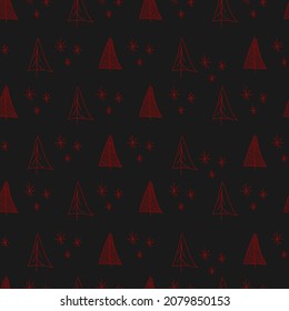Vektorgrafik. Weihnachten und Neujahr nahtlose Muster. Design-Vorlagen für typografische Produkte. Minimalistische Hintergründe für Branding, Banner, Cover, Postkarte. Einfach handgezeichneter Tannenbaum und Schneeflocken. Rot