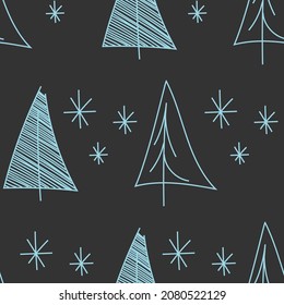 Vector. Navidad y Año Nuevo sin fisuras. Plantillas de diseño para productos tipográficos. Fondo minimalista para marca, banner, portada, postal. Árbol de abetos dibujado a mano y copos de nieve. Azul