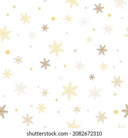 Vector Christmas and New Year seamless pattern with gold snowflakes and dots on white background