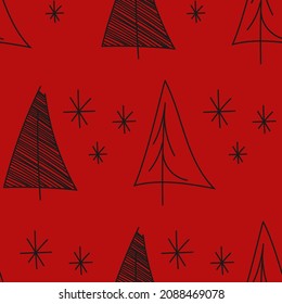 Vector. Christmas and New Year seamless pattern. Design templates for typographic products. Minimalism backgrounds for branding, banner, cover, postcard. Simple hand drawn fir tree and snowflakes. Red
