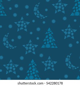 Vector Christmas and New Year seamless pattern with christmas trees, moons and stars from snowflakes