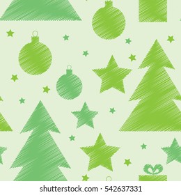 Vector Christmas and New Year seamless pattern with christmas trees, stars, balls and presents