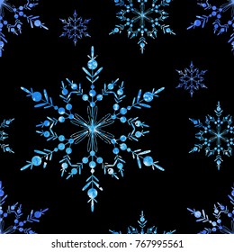 Vector Christmas and New Year seamless pattern with snowflakes. Watercolor texture.