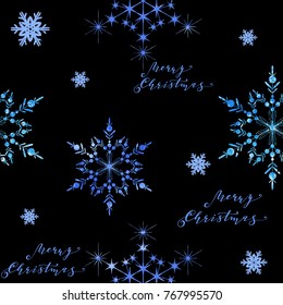 Vector Christmas and New Year seamless pattern with snowflakes. Watercolor texture.