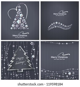Vector Christmas or New Year set. 4 stylish greeting cards with fir and glossy stars.
