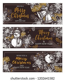Vector christmas and new year set of horizontal banners in sketch chalkboard style