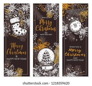 Vector christmas and new year set of vertical banners in sketch chalkboard style