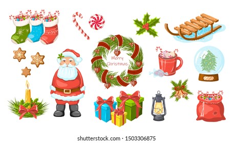 Vector Christmas and New Year set. Santa Claus, socks, presents, lantern, cacao, cookies, candles, sledge, toys, gifts. Elements for greeting cards, invitations, banners and flyers.