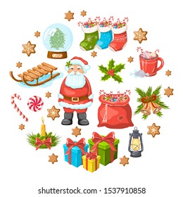 Vector Christmas and New Year set. Santa Claus, socks, presents, lantern, cacao, cookies, candles, sledge, toys, gifts. Elements for greeting cards, invitations, banners and flyers.