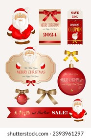 Navidad vectorial y Año Nuevo con pegatinas y cupones. Grandes elementos para la decoración y el diseño. 