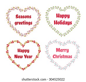 Vector Christmas and New Year set of wreath in a heart shape with vintage flowers. Great for greeting cards