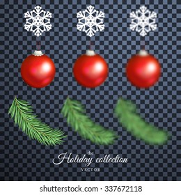 Vector Christmas and New Year set. Snowflakes, Christmas balls and fir tree branches. Abstract geometric background and blurred elements.