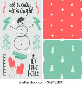 Vector Christmas, New Year set. Hand drawn winter holiday elements, seamless patterns, lettering. Isolated, easy editing