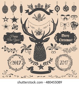 Vector Christmas and New Year set of badges, ribbons, ornaments, icons, frames, labels and design elements for greeting cards, gift tags, invitations. Black and beige, vintage style