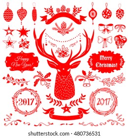 Vector Christmas and New Year set of badges, ribbons, ornaments, icons, frames, labels and design elements for greeting cards, gift tags, invitations. Red and white, vintage style