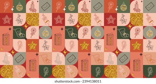 Vector Christmas and New Year square pattern with outline symbols of celebration and golden texture. Gift, candy cane, gingerbread, candle, stocking and Holly berry. Festive background illustration