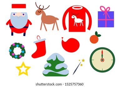 Vector Christmas new year stickers cartoon.  Flat Santa, deer, sweater and surprise present designs