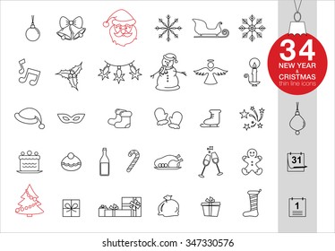 Vector Christmas and New Year thin line icons. Set of black and red i???? ????ite background