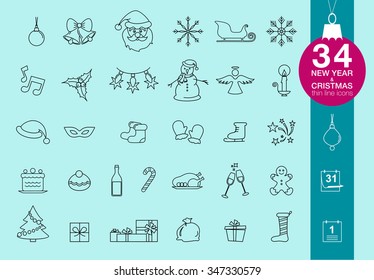 Vector Christmas and New Year thin line icons. Set of  black icons on blue background