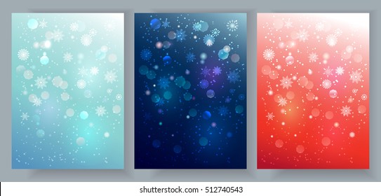 Vector Christmas and New Year typographical backgrounds set. Abstract holiday backgrounds with lights and snowflakes for greeting card, gift voucher, party invitation, flyer. A 4 format