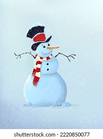 Vector Christmas or New Year winter holidays background card with snowman and snowflakes. 