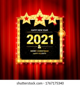 Vector Christmas and new year wishes on card. Christmas related ornaments objects on red curtain background
