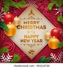 Vector Christmas and new year wishes on card. Christmas related ornaments objects on color background. Elements are layered separately in vector file.