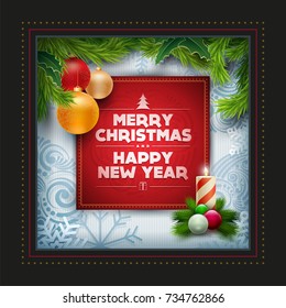 Vector Christmas and new year wishes on greeting card. Christmas related ornaments objects  background. Elements are layered separately in vector file.
