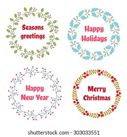 Vector Christmas and New Year wreath set with vintage flowers. Great for greeting cards