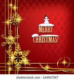 Vector Christmas and New-Year's greeting card with red background and gold foil snowflakes