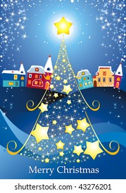 Vector Christmas & New-Year's Stars. Background for Greeting card with winter houses and xmas tree coils.