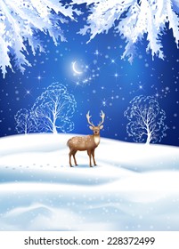 Vector Christmas night background with deer, snowdrifts, fir tree branches, frozen trees on the dark blue background