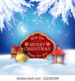Vector Christmas night background with wooden border frame, snowdrifts, gifts, night sky, moon, lantern, baubles on the dark blue backdrop