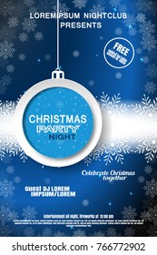Vector Christmas night party poster on the dark blue gradient background with Christmas ball, snowflakes pattern and snowfall.