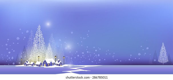 vector Christmas night, winter background with snowflakes and village