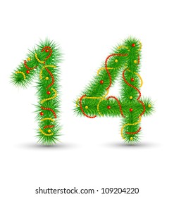 Vector Christmas numbers 1,4 the green spruce garlands and necklaces