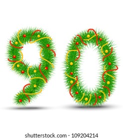 Vector Christmas numbers 9,0 the green spruce garlands and necklaces
